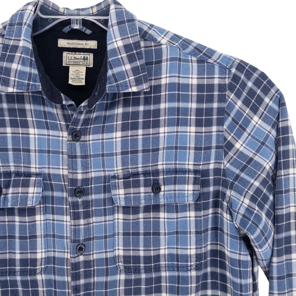 LL Bean Mens L Tall Fleece Lined Flannel Shirt Jacket Blue‎ Plaid Shacket 298190